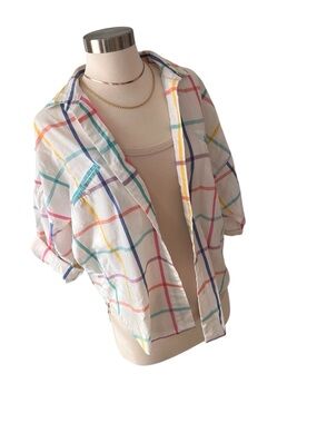 Vintage 90s multicolor windowpane button up shirt half sleeves white M
